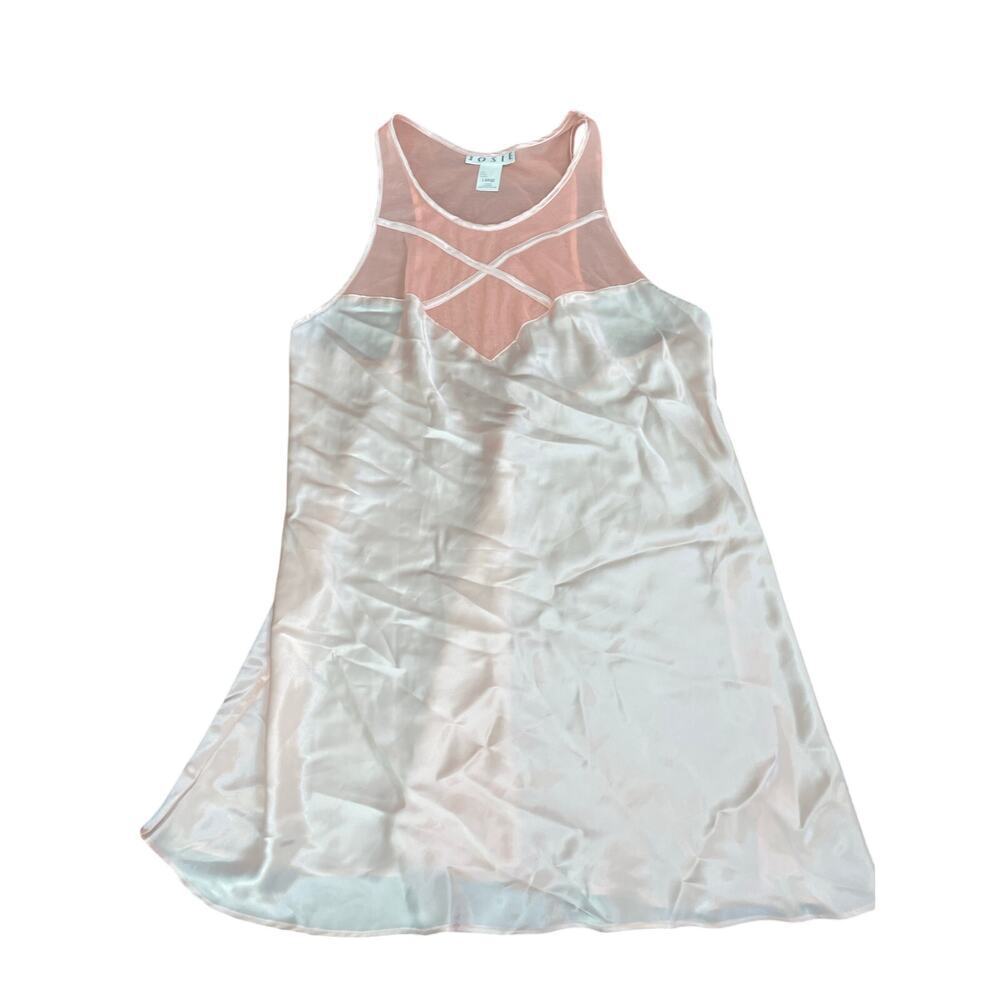 Vintage Josie Pink Caged Neck Sheer Mesh Satin lingerie Nightgown Size L